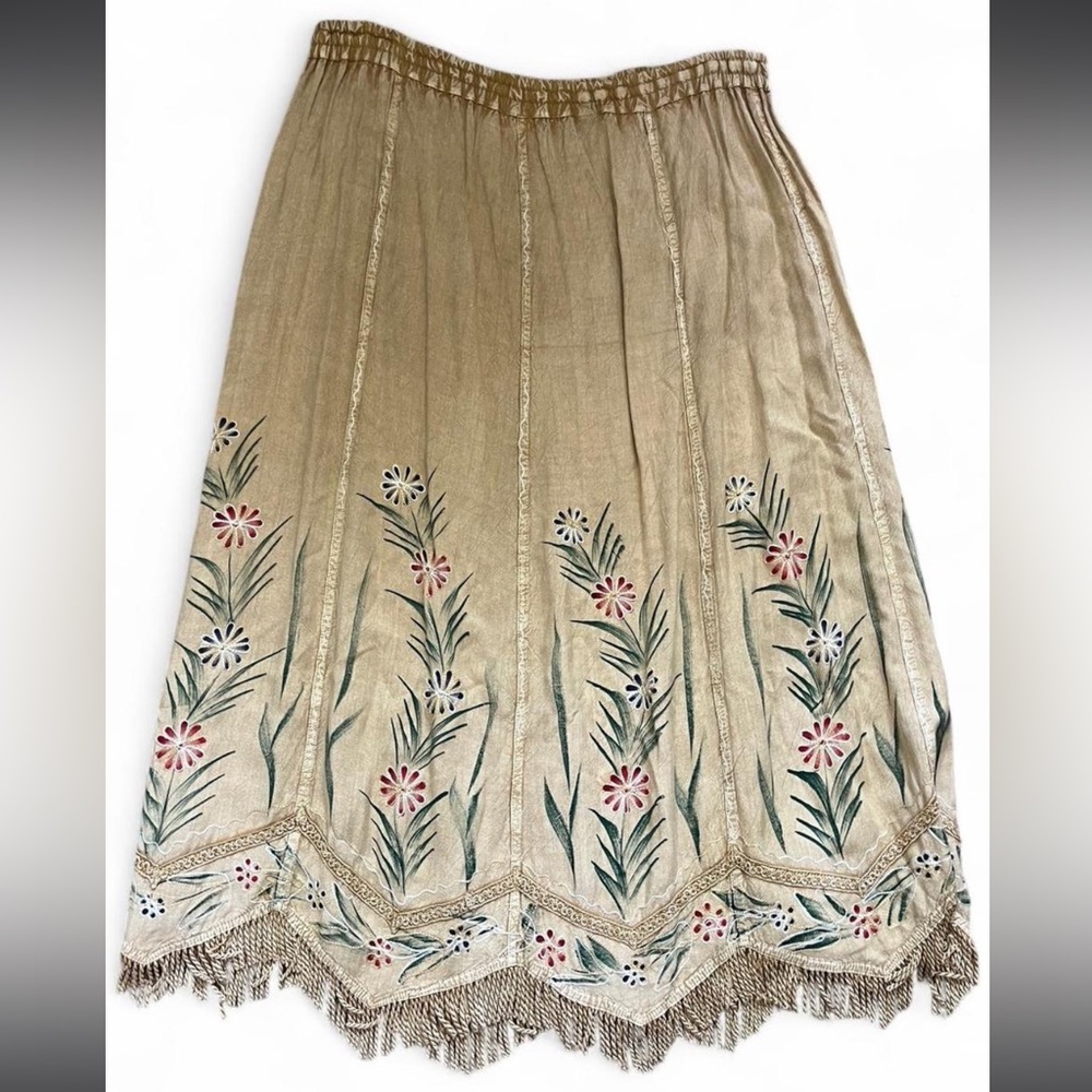 Maxi Skirt One Size ~XXL Distressed Brown Embroidered Floral Fringe Cottagecore